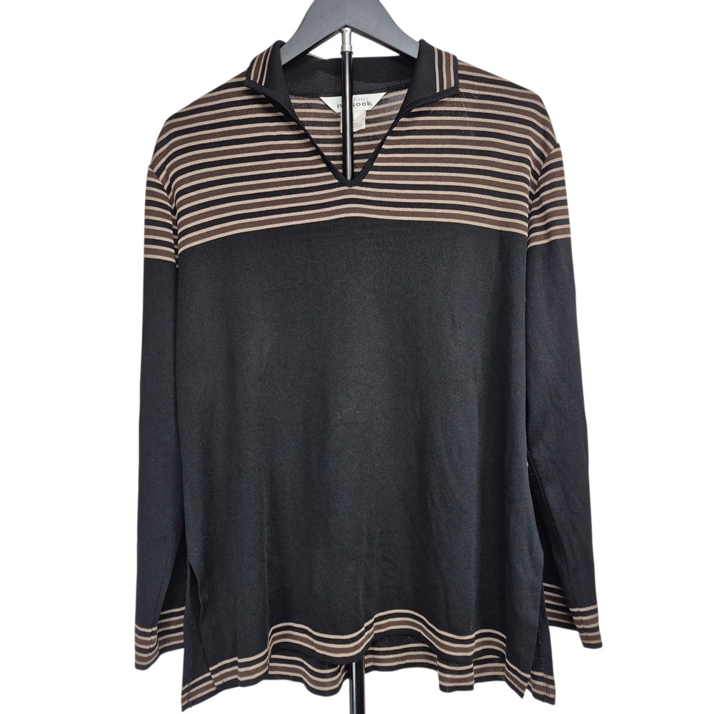 Exclusively Misook Women XL Black Brown Striped V-Neck Knit Top Long Sleeve